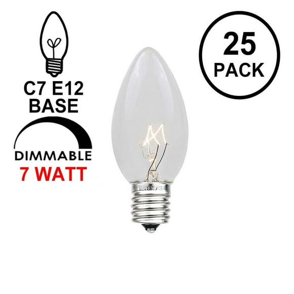 Nouveauté Lumières 25 Pack C7 Ampoules de Remplacement pour Noël en Plein Air, Claires, Base de Candélabres C7/E12, 7 Watts