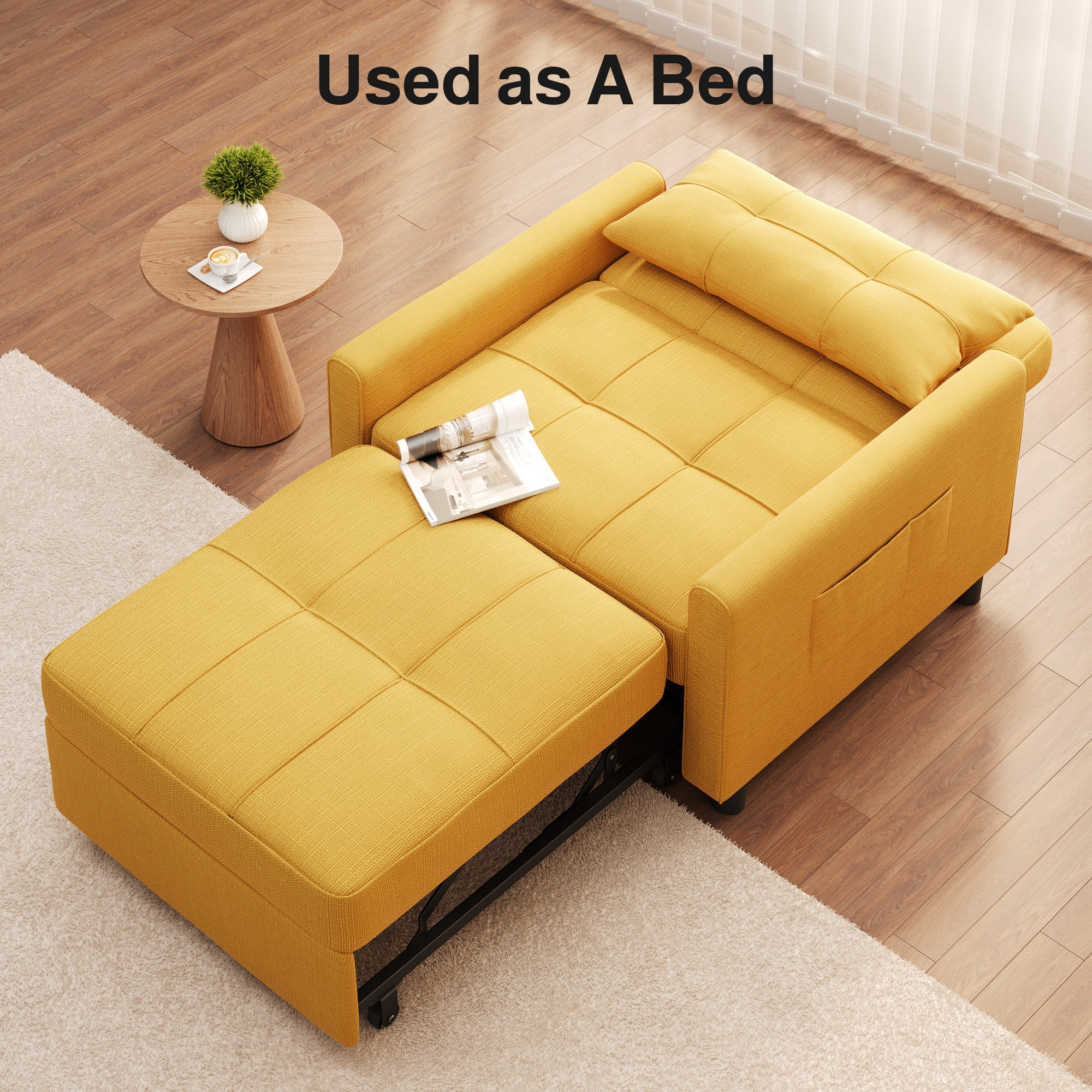 Adjustable Backrest Convertible Sofa Bed, 3-in-1 Linen Reclining Sleeper Chair, Multifunctional Couch for Living Room Bedroom Small Space, Yellow