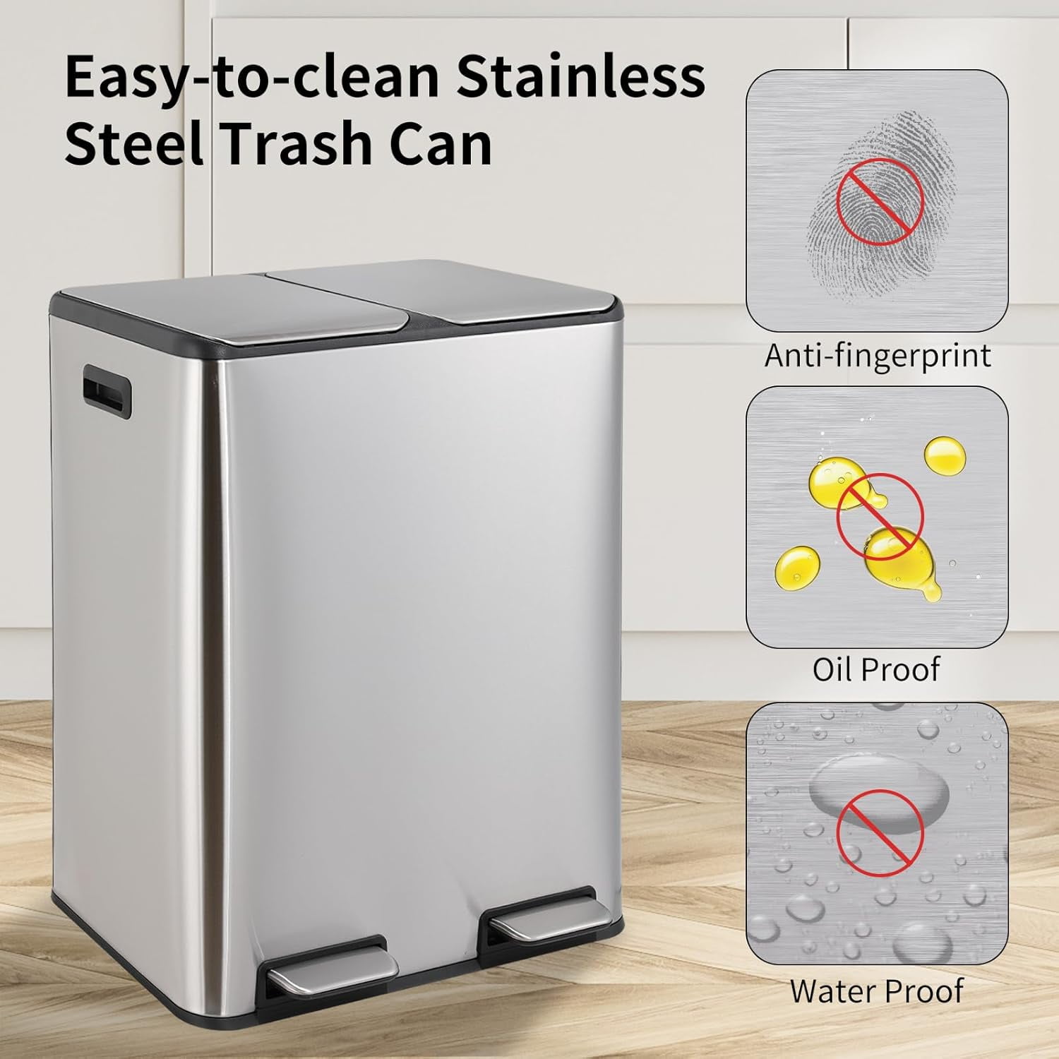 LAZY BUDDY 16 Gal Dual Kitchen Trash Can, Rectangular Stainless Steel Recycling Garbage Can with 2 Built-in Odor Control Box