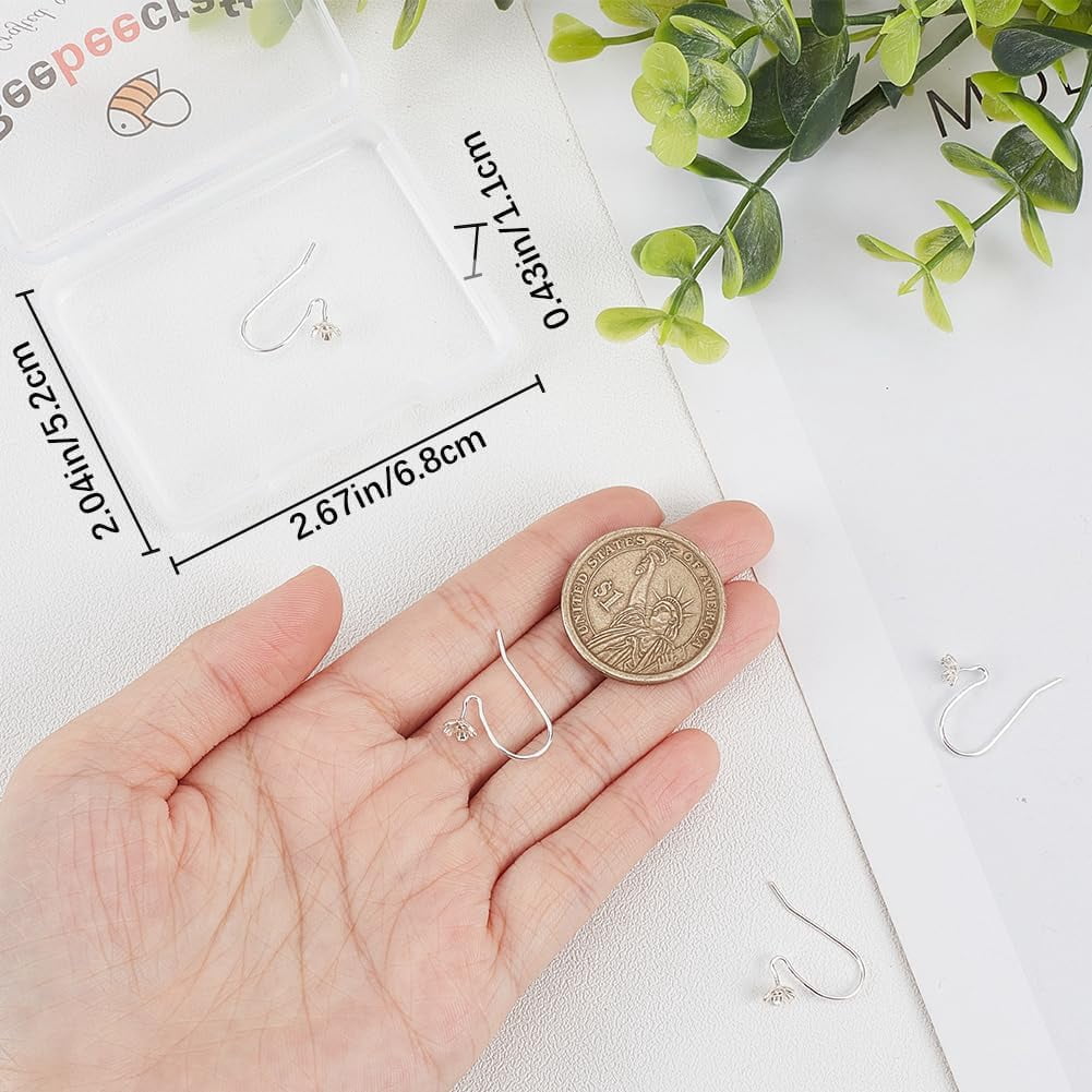 8Pcs 925 Sterling Silver Earring Hooks Shepherd's Hook Ear Wire with Flower Tray Silver 22.5x15mm Pin: 0.8mm