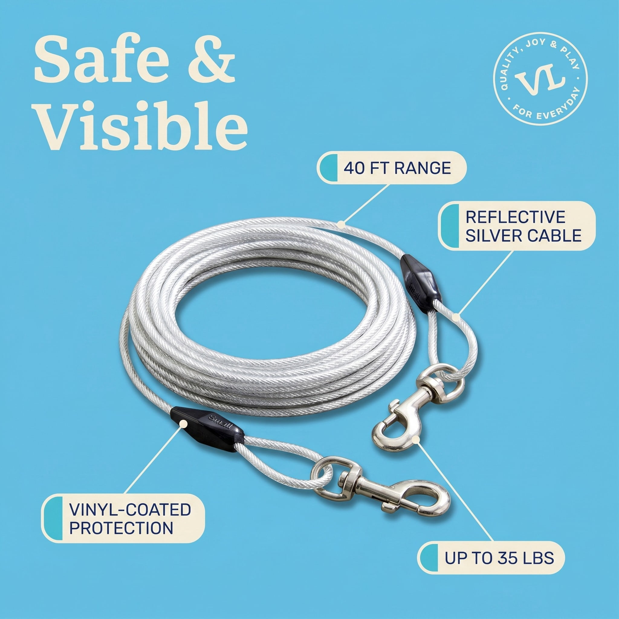 Vibrant Life Reflective Vinyl-Covered Tie-Out Cable for Dogs, S, 40'
