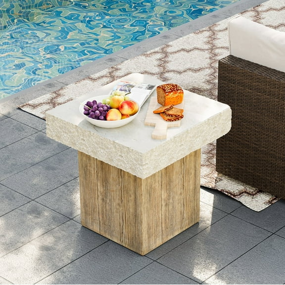 MOALCOFER 20" Square Outdoor Side Table,Antique Beige MgO CoffeeTable with Faux Wood Base for Patio, Garden,Yard Decor