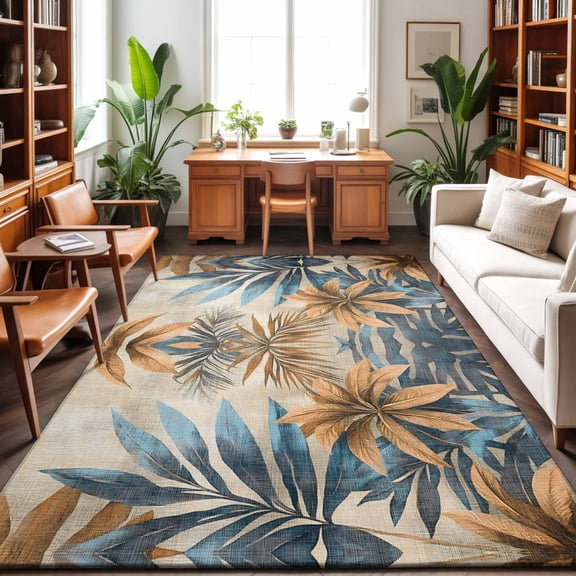 Area Rugs 5'x7', Navy Blue Brown Carpet Runner Indoor Outdoor Rugs Home Decor Aesthetic, Retro Tropical Botanical Palm Leaves Non Slip Mats Washable Accent Rug for Living Room Bedroom