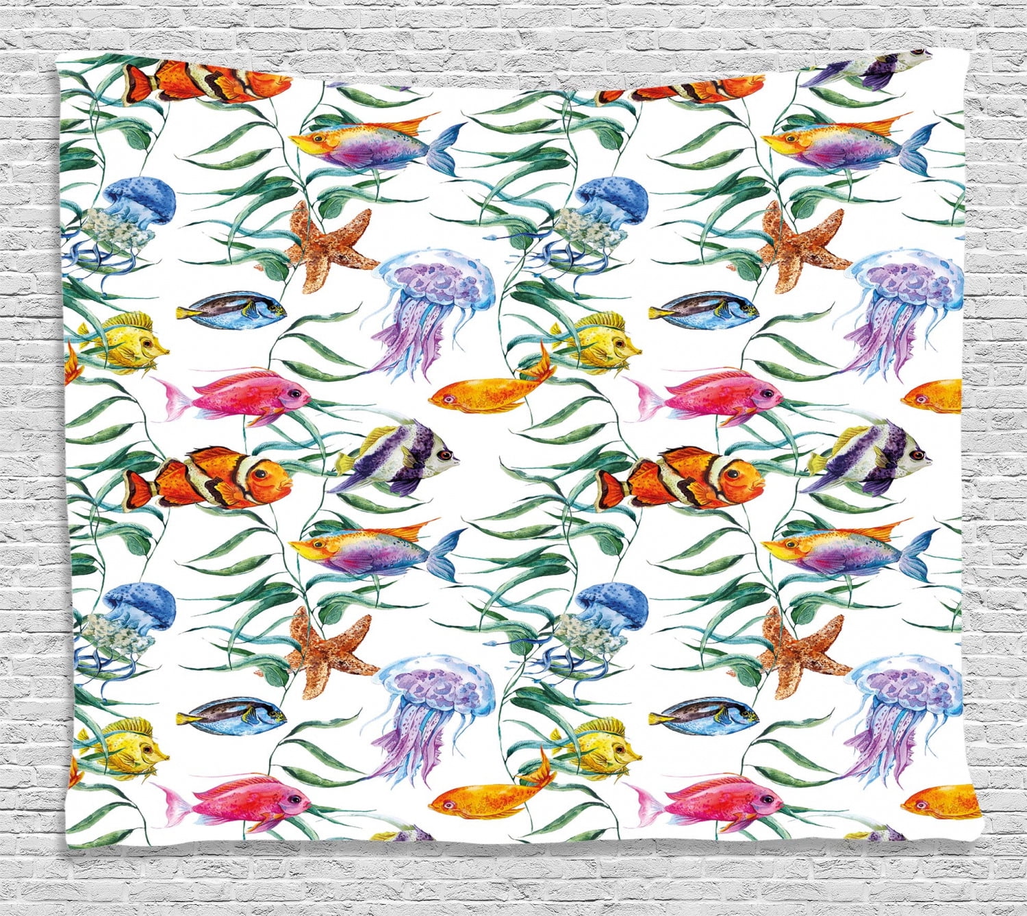 Ocean Animal Decor Tapestry, Tropical Coral Reef with Seaweed Algae ...