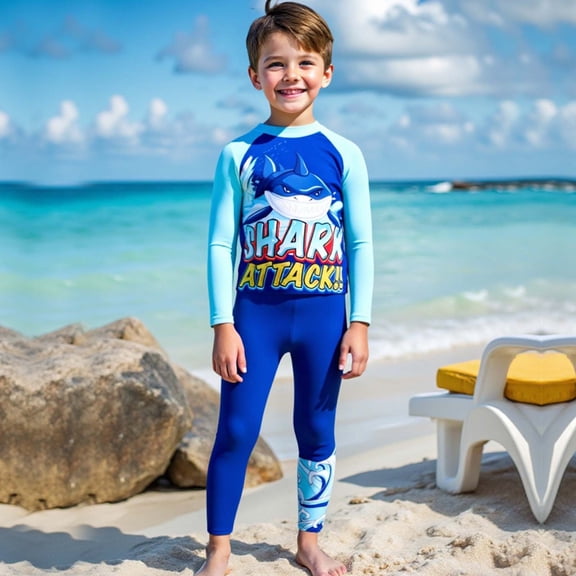 Baby Swimsuit Boy Boys Shark Print Long Sleeve Long Pants 2 Piece Swim Set for Spring Summer Blue 3-4 Years