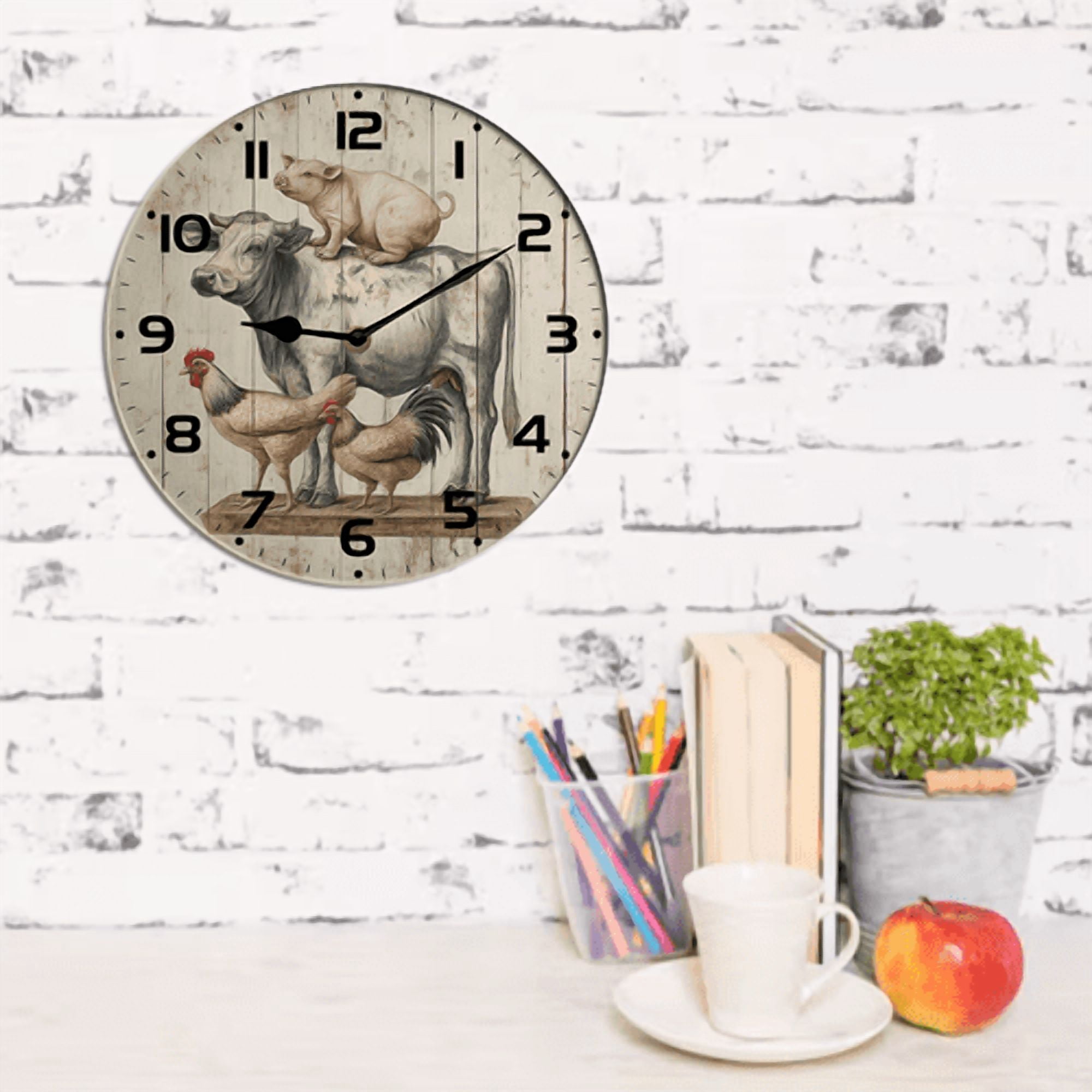 Kurmntregon Farm Animal Cow Pig And Chicken Wall Clock Wooden Silent Non Ticking Battery Operated Rustic Farmhouse Kitchen Clocks Decorative For Living Room Bedroom Office Round 10"