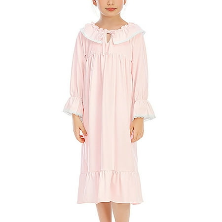 

Meresysid Girls Long Nightgown Pajamas Solid Color Thin Cute Folded Lace Dress Pink
