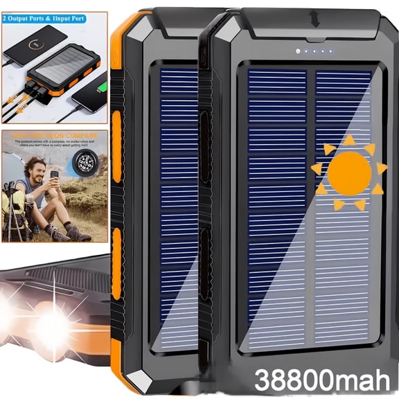 38800mAh Super Capacity Solar Charger with 2 LED Light Flashlight & Compass for Indoor Outdoor Camping Hiking, Portable Power Bank with 3-Outputs for iPhone/iPad/Android Phones-Orange