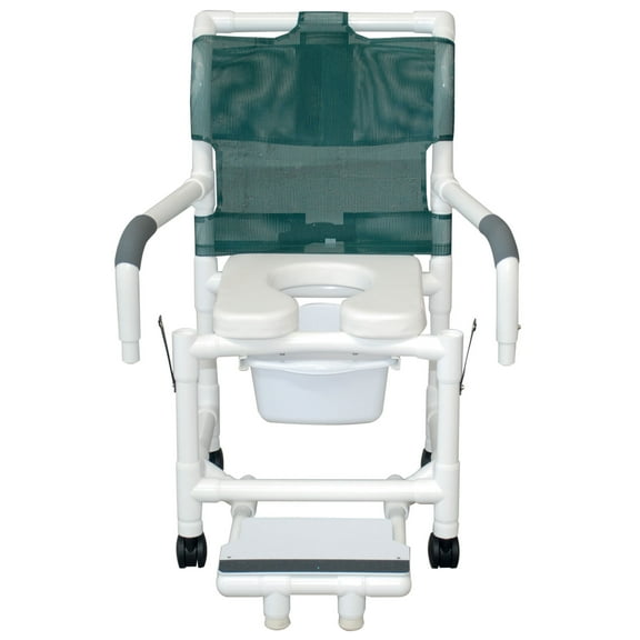MJM International 118-3TW-SSDE-DDA-SFS-SQ-PAIL Shower Chair with Soft Seat, Dual Drop Arms, Sliding Footrest with Front Supports and Slide Out Commode Pail