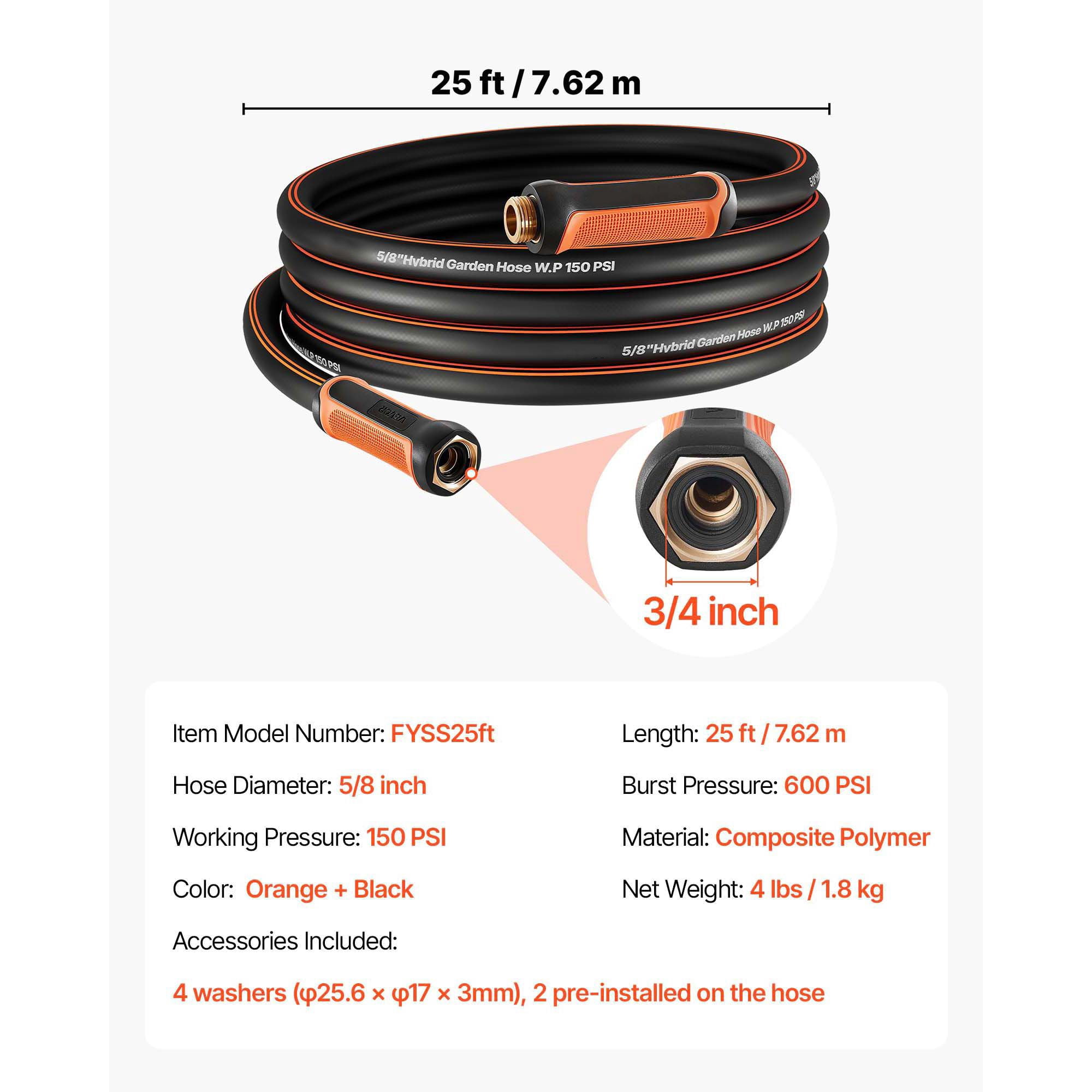 Garden Hose 25ft 5/8 Inch Heavy Duty 4-Layer Rubber 600 PSI Burst for Gardening Cleaning
