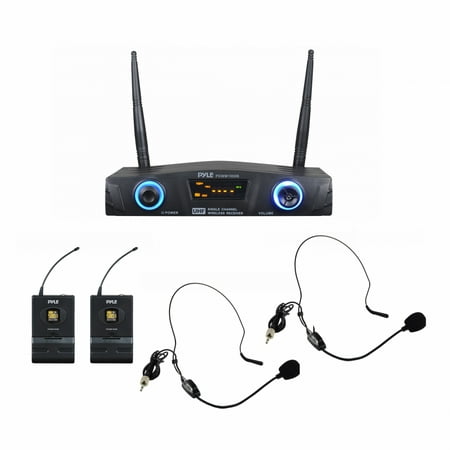 PYLE PDWM2958B - Compact UHF Pro Wireless Microphone System - USB Powered Desktop Mic Receiver System with Adjustable Volume Control, Includes (2) Belt-Pack Transmitters, (2) Headsets & (2) Lavalier
