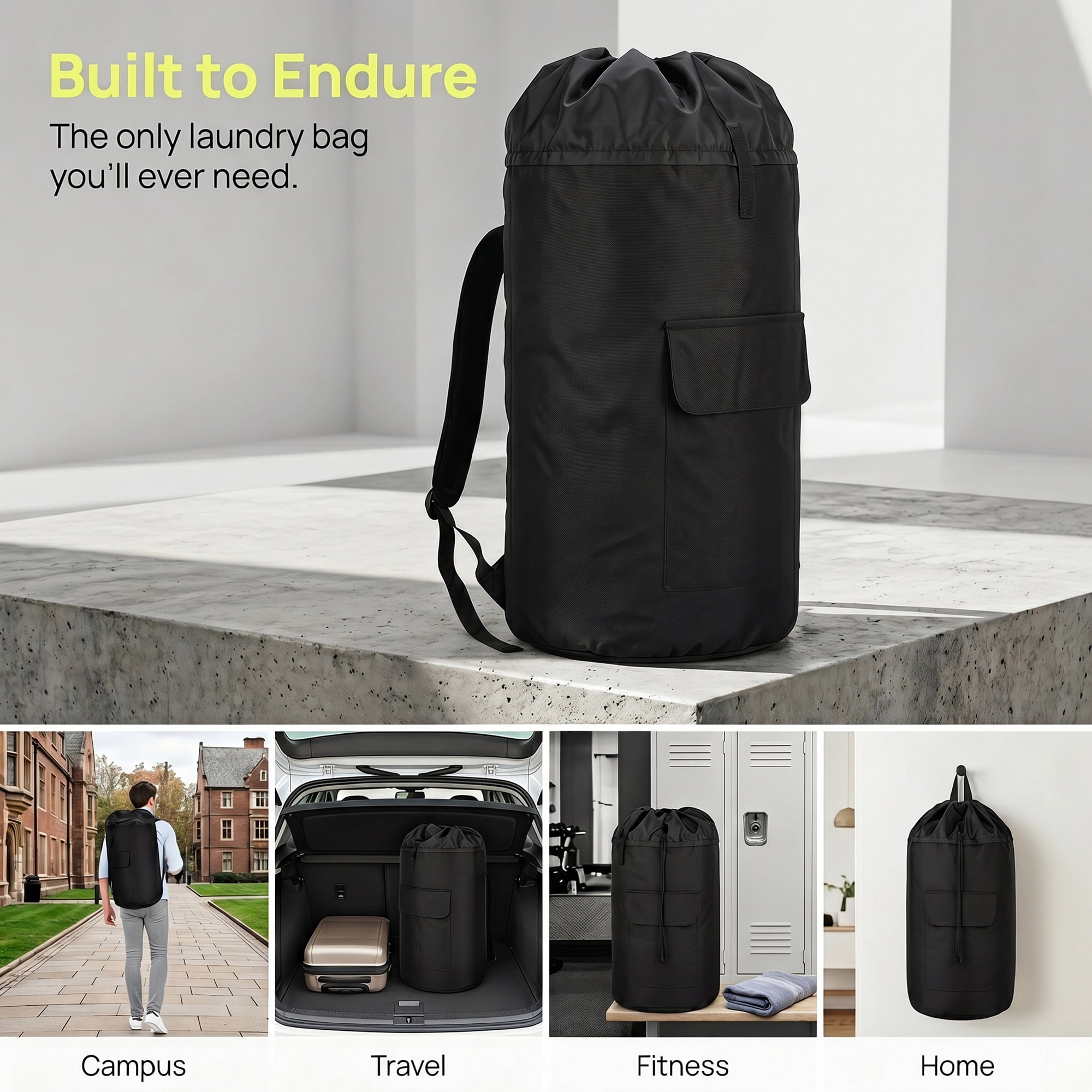 Unique Bargains Laundry Backpack Large Dirty Clothes Hamper Bag with Pocket Black 15"x28"
