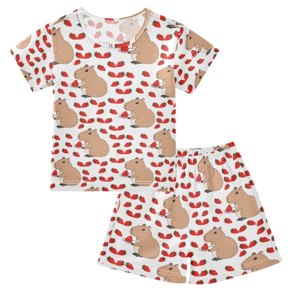 joogoo Cute Capybara Strawberry Pattern Pajama Sets Short Sleeve Cotton 2-Piece Sleepwear 10Y