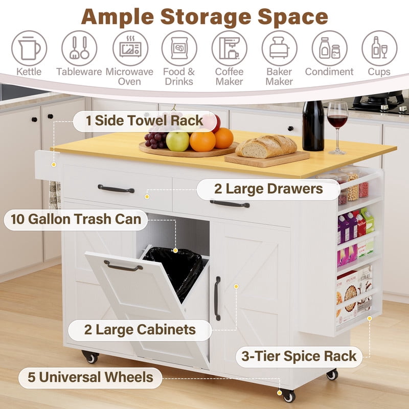 Homall Kitchen Island with Drop Leaf & Storage, Rolling Kitchen Cart with Drawers, Cabinets, Towel Rack and Lockable Wheels for Small Spaces
