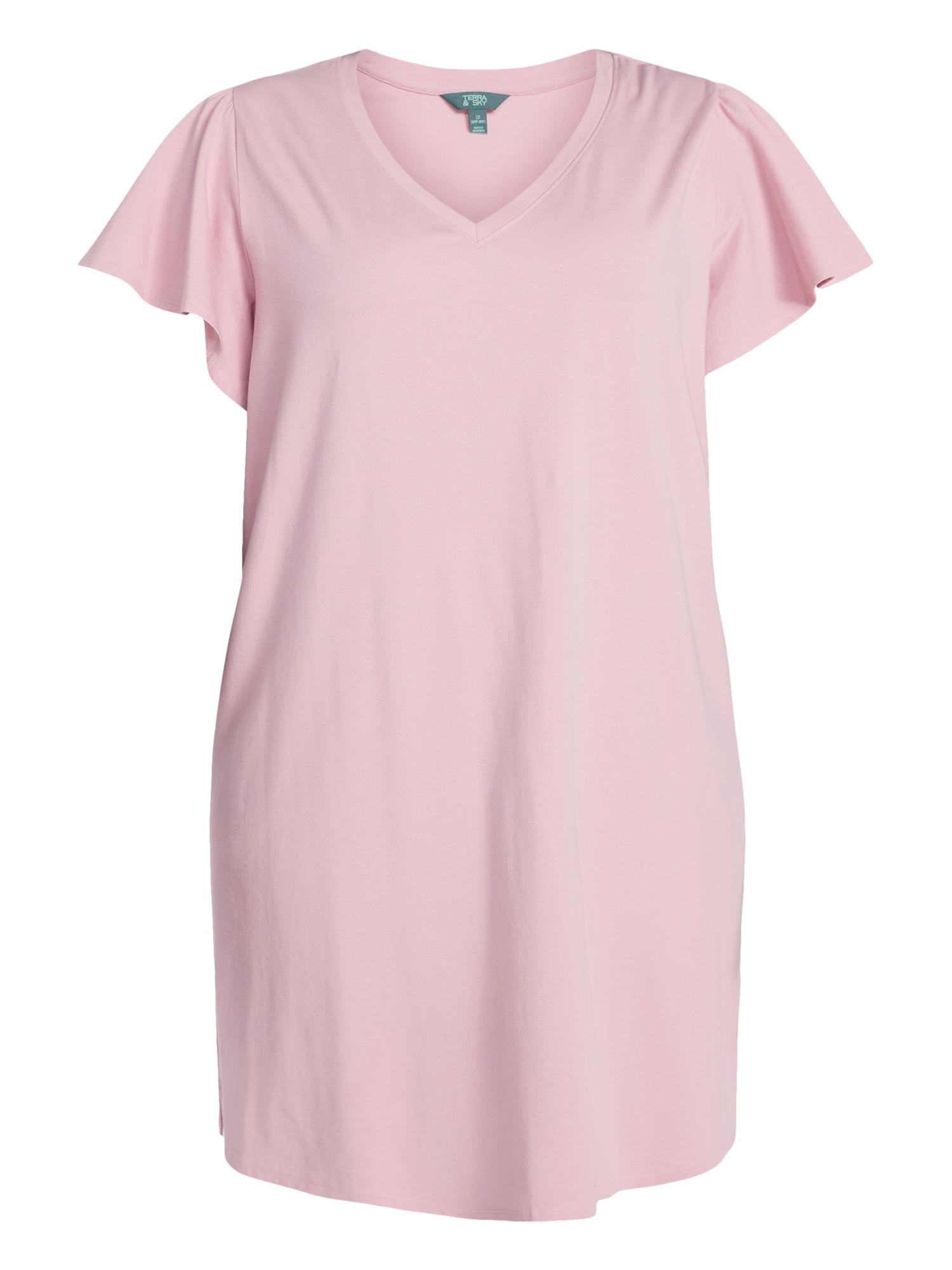 Terra & Sky Women's Plus Size V Neck Tee Dress with Flutter Sleeves, Size 0X-5X