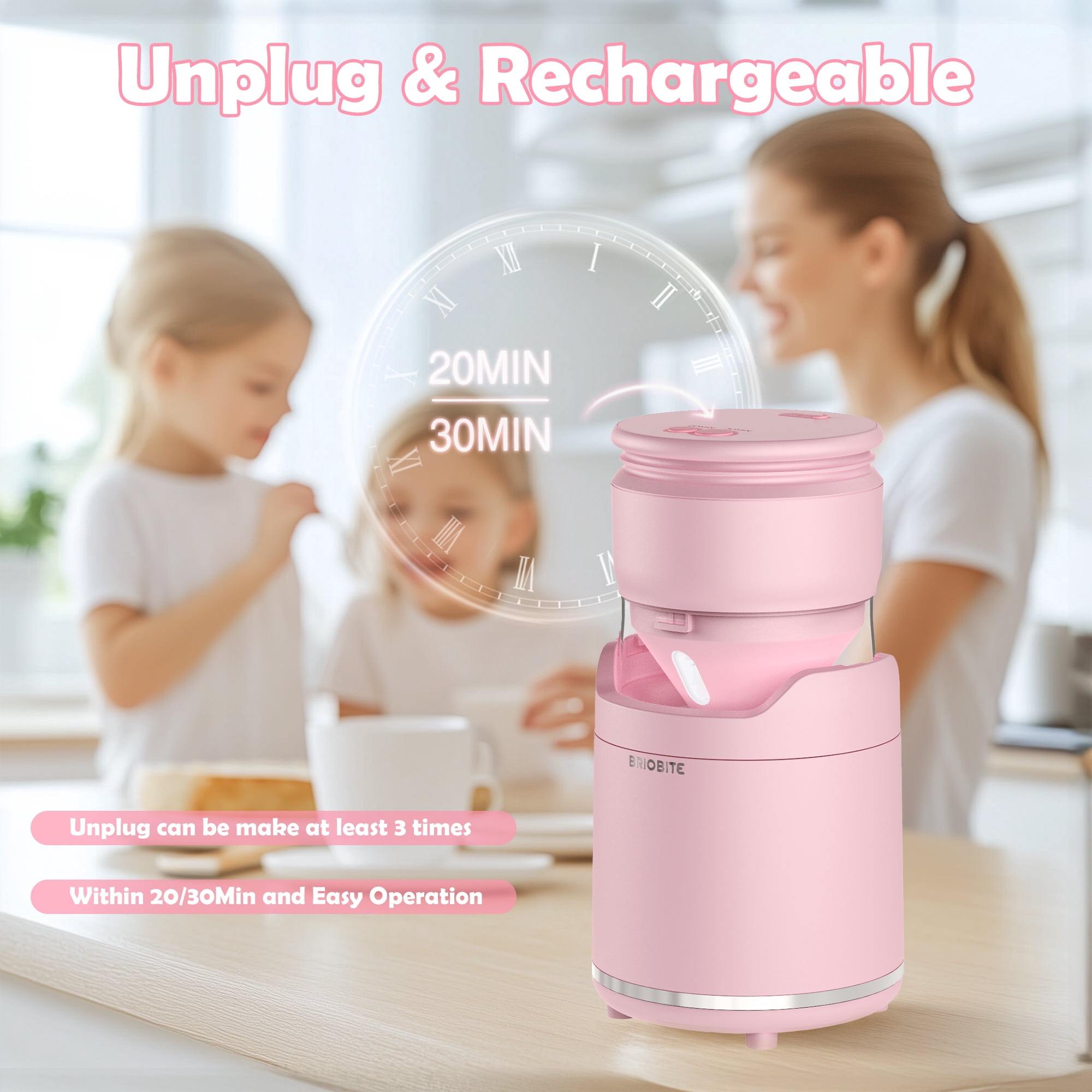 BRIOBITE Soft Serve Ice Cream Maker 0.5 Qt Rechargeable Mini Machine for Sorbet, Gelato, Frozen Yogurt Maker Pink