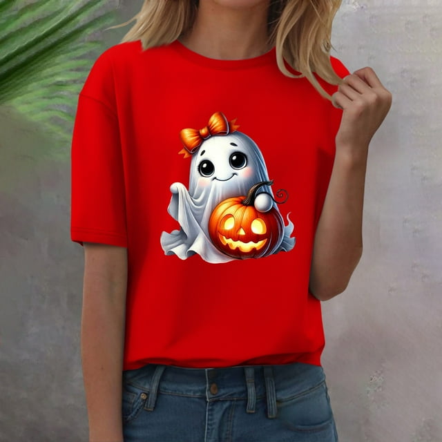 YLHFASHION T-shirt d'Halloween pour Femmes Manches Courtes Col Rond Imprimé Citrouille Décontracté Automne