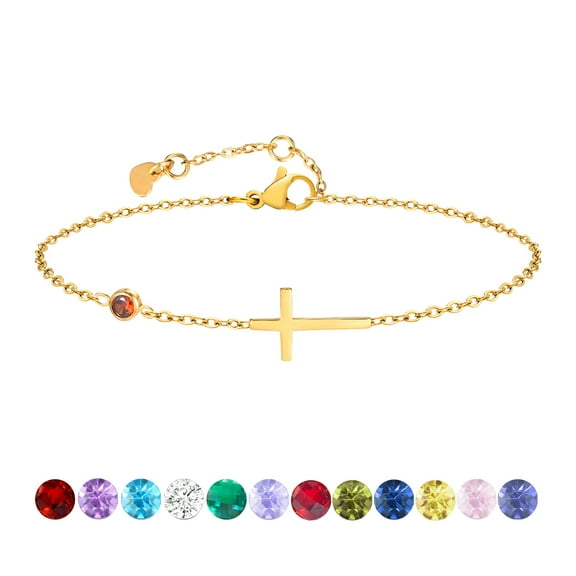 Birthstone Cross Bracelet for Women, Birthday Gifts Dainty 14K Gold Plated Cross Birth Stone Adjustable Bracelets, Religious Christian Jewelry for Her