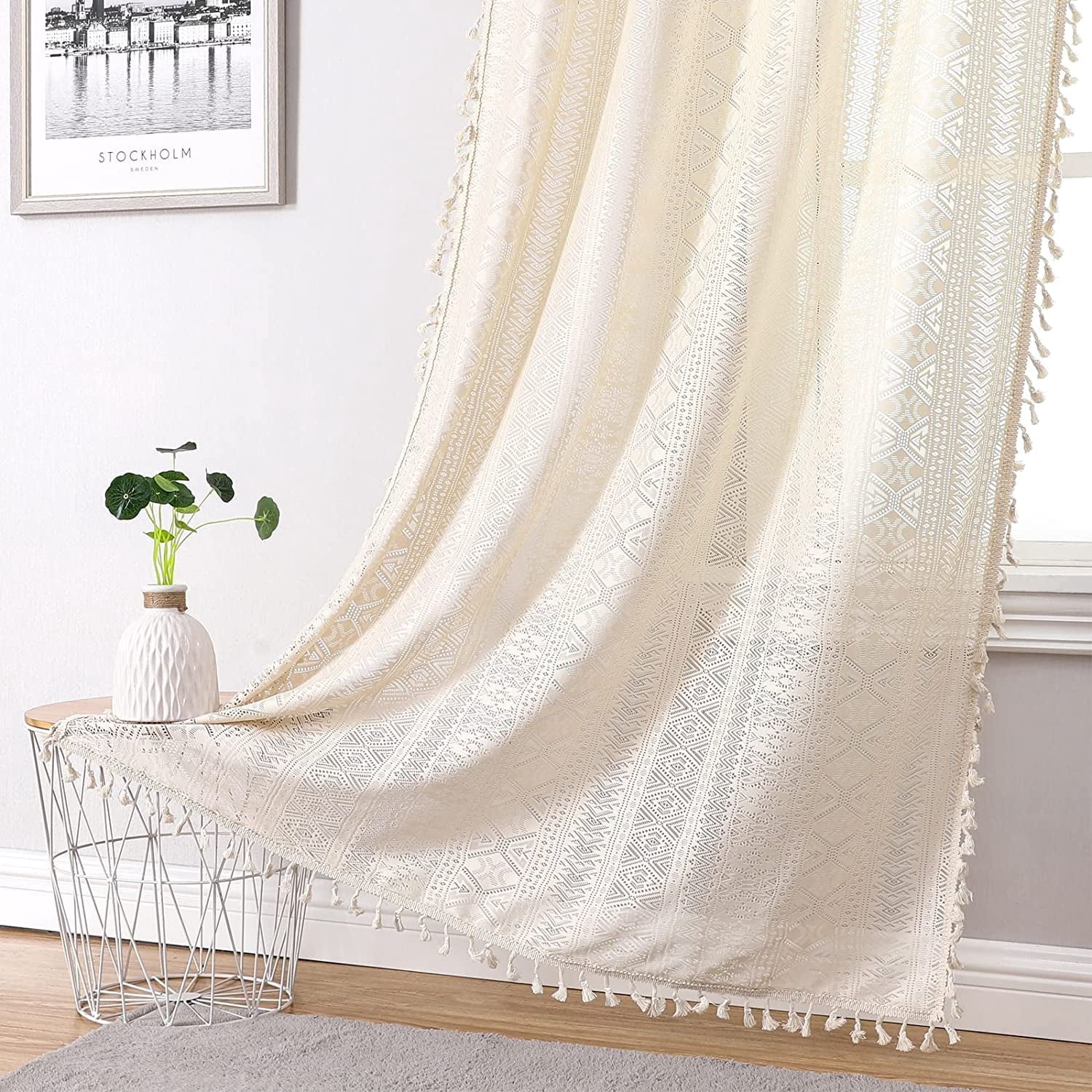 Bohogeo Beige Linen Tassel Sheer Lace Curtain Panels, Chic Crochet Farmhouse Rod Pocket Window Curtain Drapes for Living Room/Bedroom,2 Panels, Beige, 84"L x 40"W