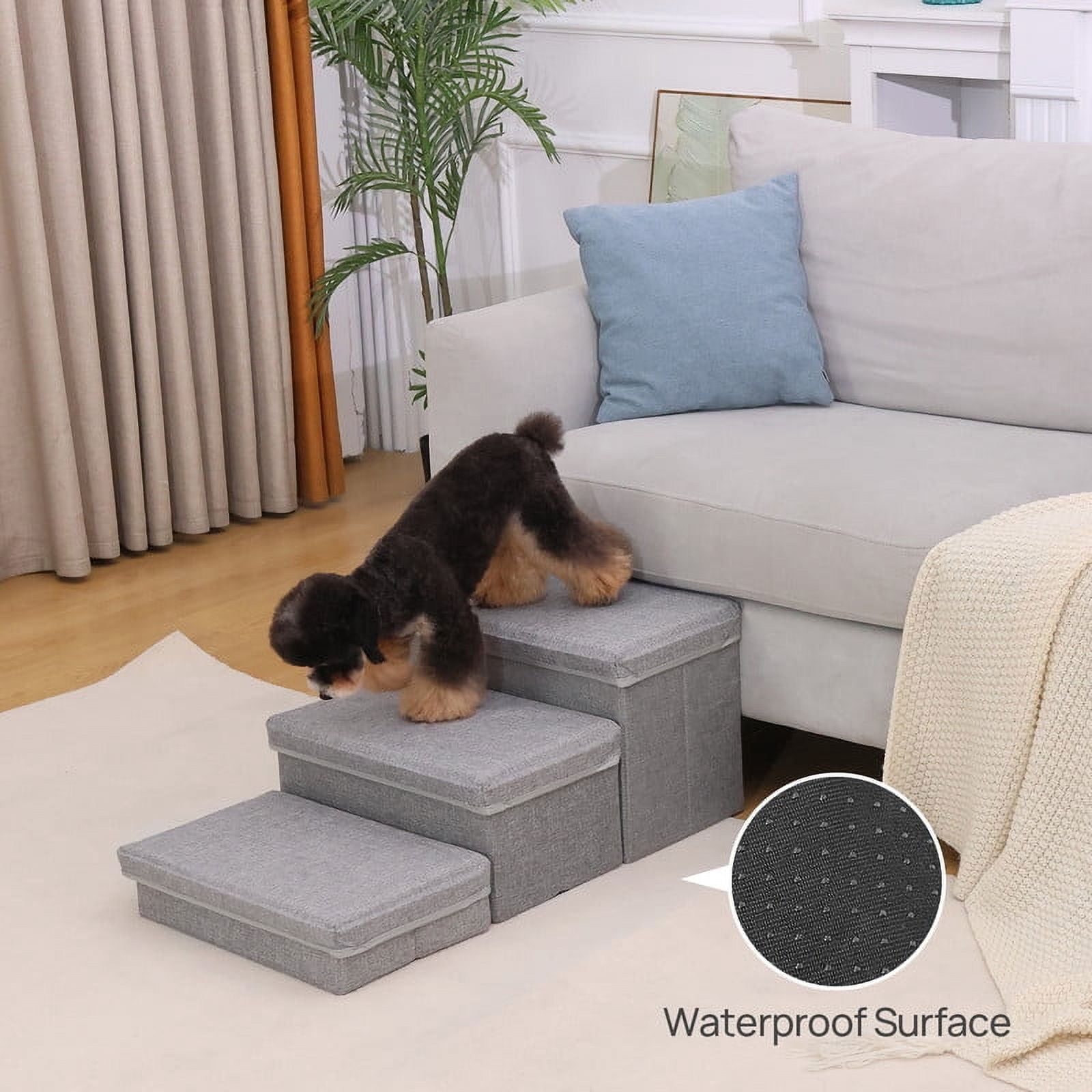 Walnest Pet Stairs 3-Step Dog Step Stairs Pet Ladder Cover Removable Comfortable Dog Ramp with Storage Boxes,Folding Dog Ramp Stairs for Beds Couches,Gray