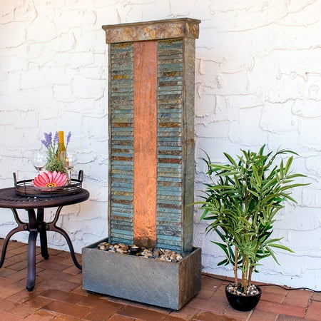 Natural Slate Water Fountain - Sunnydaze Rippled Slate Indoor/Outdoor Water Fountain with Copper Accents and LED Spotlight, 48 Inch Tall