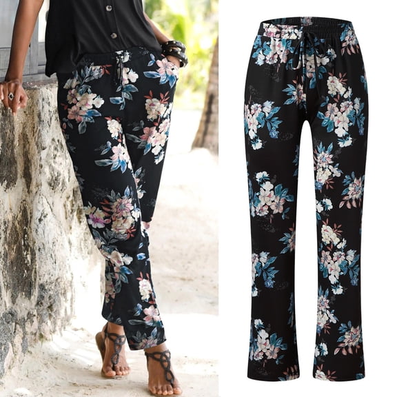 Womens Pants Fashion Print Casual Trousers Long Boho Beach Vacation Womens Pants Black XXXL