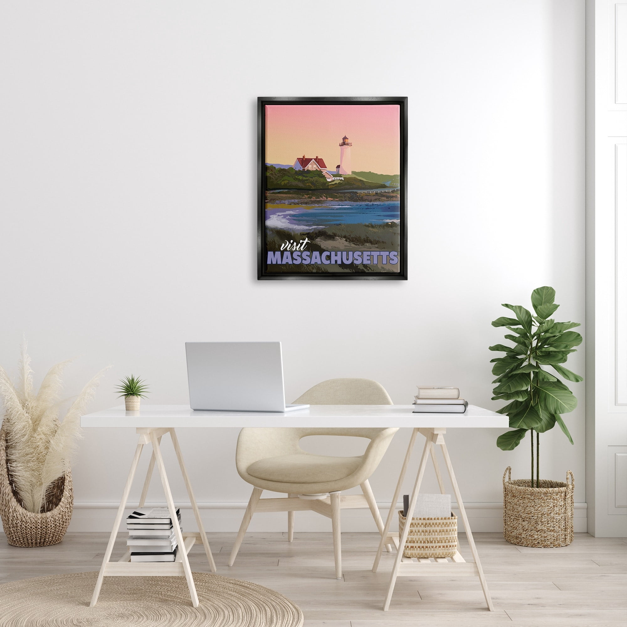 Stupell Industries Visit Massachusetts Pink Sunset Sky Ocean Inlet Graphic Art Jet Black Floating Framed Canvas Print Wall Art, Design by David Owens Illustration