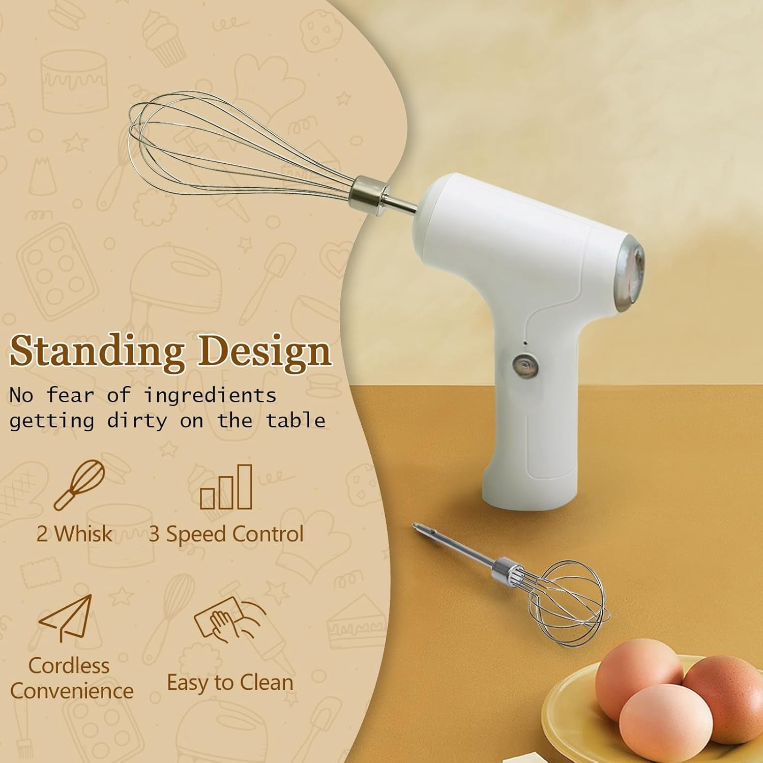 Cordless Hand Mixer, Handheld Electric Whisk with 3 Speed Modes, Held Egg Beater 2 Detachable Stir Whisks (White Silver)