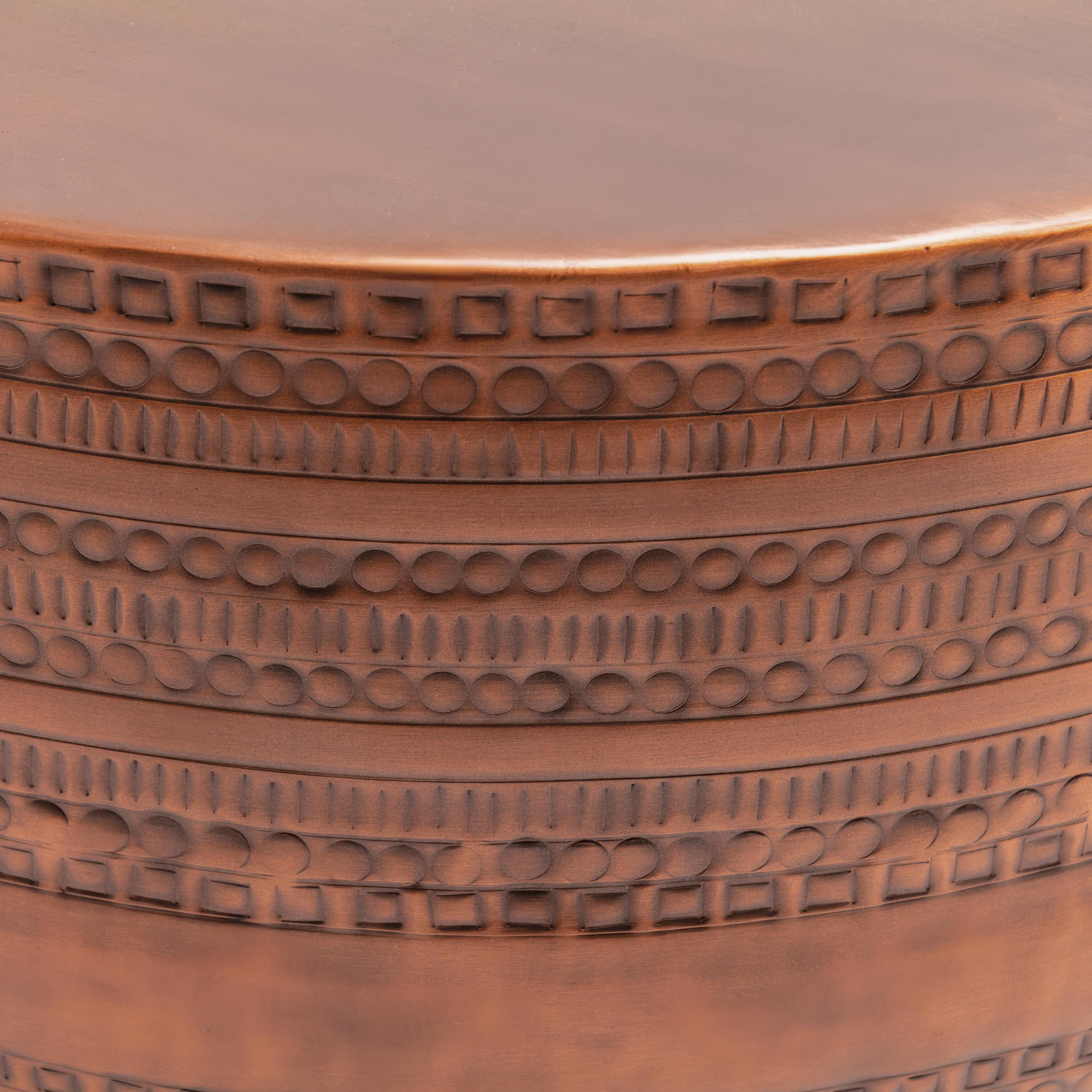 Modern Round Aluminum Hammered Embossed Texturing Metal Drum Coffee Table, Hand-Stamped Iron, Boho Accent Cylinder Drum Coffee Table, Cocktail Table, Copper