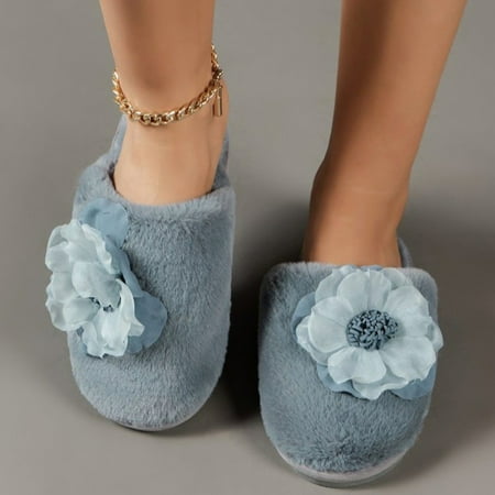 

Slippers Ladies Fashion Solid Color Flower Decorative Fluffy Comfortable Flat Cotton Slippers