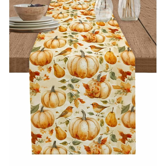 Thanksgiving Pumpkins Burlap Cotton Table Runner 14x72 Inches Long, Orange Fall Birds Pastoral Leaves Farmhouse Table Runners, Outdoor Dining Tablecloths Decor for Baby Shower/Party/Wedding