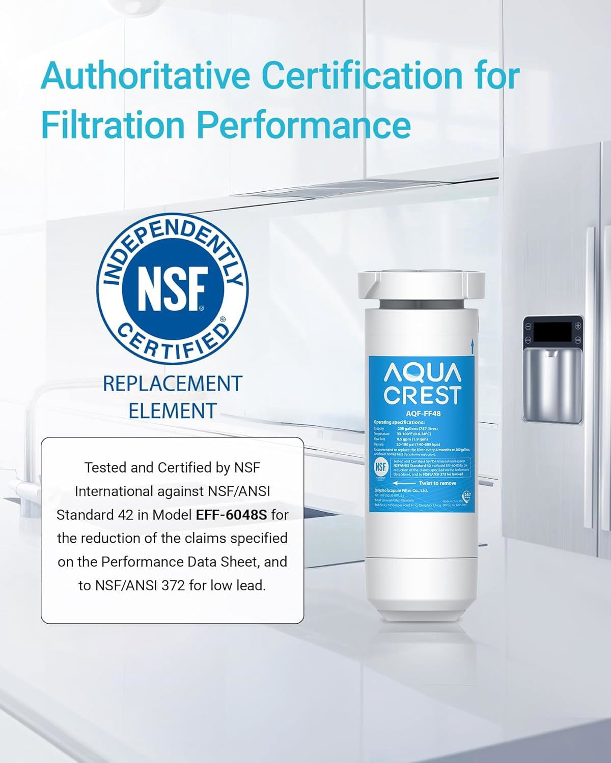 AQUA CREST XWF Refrigerator Water Filter, Replacement for GE® WR17X30702, Compatible with GE® GNE27, GFE26, GDE25, GSS25, PSE25 Series Refrigerators, NSF 42/372 Certified, 3-Pack (No-chip)