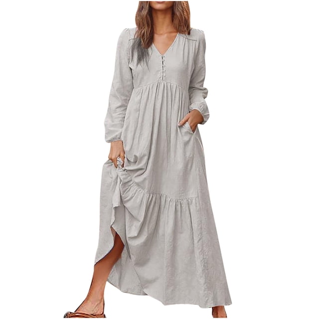 Ersazi Robe Femme Mode Robes pour Femmes Décontractées à Manches Longues Couleur Col en V Longue Robe en Liquidation Gris m