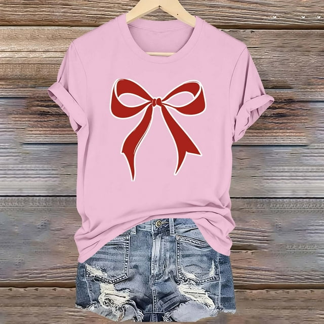 Xuyuer Valentine's Day Shirts for Women:Cute Love Heart Tshirts Graphic Tees Valentine Casual Short Sleeve Top bow tie fashion casual printed round-neck short-sleeved T-shirt top