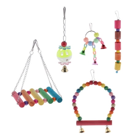 5Pcs Small Bird Swing Bells Chewing Toy Set Cage Hanging Parrot Wooden Toy