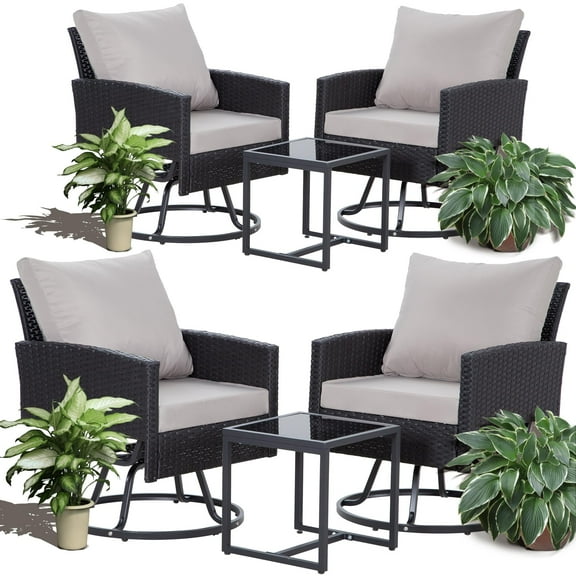 3 PCS Swivel Rocker Outdoor Wicker Patio Chairs Set of 2, with 4-Inch Thick Cushions and Glass Side Table for Porch, Poolside, Deck, and Yard, Black Rattan/Gray Cushions