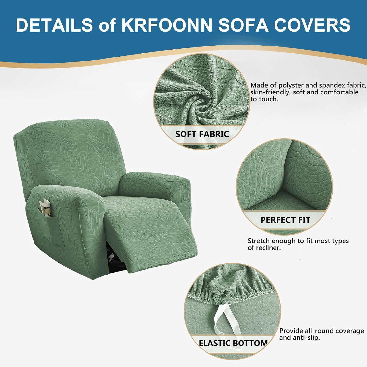 CHUNTIAN Stretch Recliner Slipcovers Printed Sofa Cover 4-Piece Fallon Collection Slipcover Lazy Boy Chair Covers Furniture Protector Recliner Chair Cover with Storage Pocket for Living Room, A2