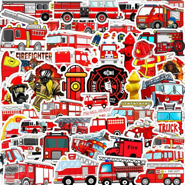 Calcomanía de vinilo con dibujos animados de bomberos para camión de bomberos, 50 unidades