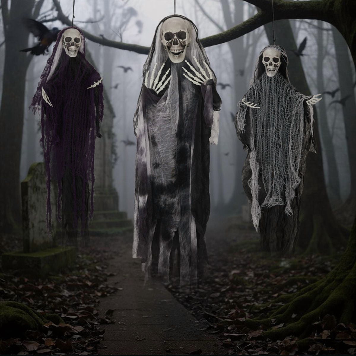 3-Pack Hanging Grim Reaper Ghosts 4.6FT and 3FT Halloween Decorations for Yard Porch Tree