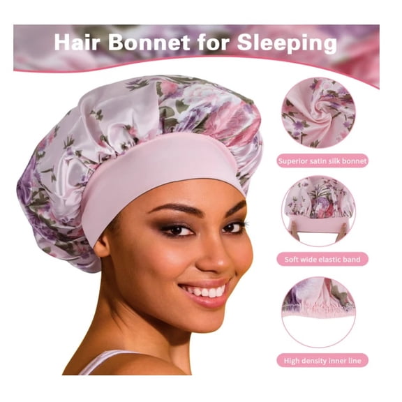 3PK Women Satin Silk Bonnet Night Sleep Cap Hair Head Covers, Wide Elastic Band Colors
