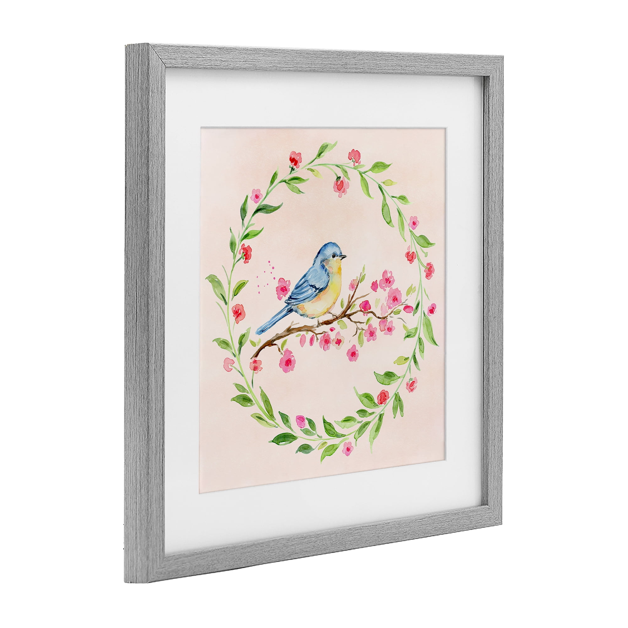 Spring Bird Wreath Perch Gray Framed Print Under Glass, design by Elena Fay