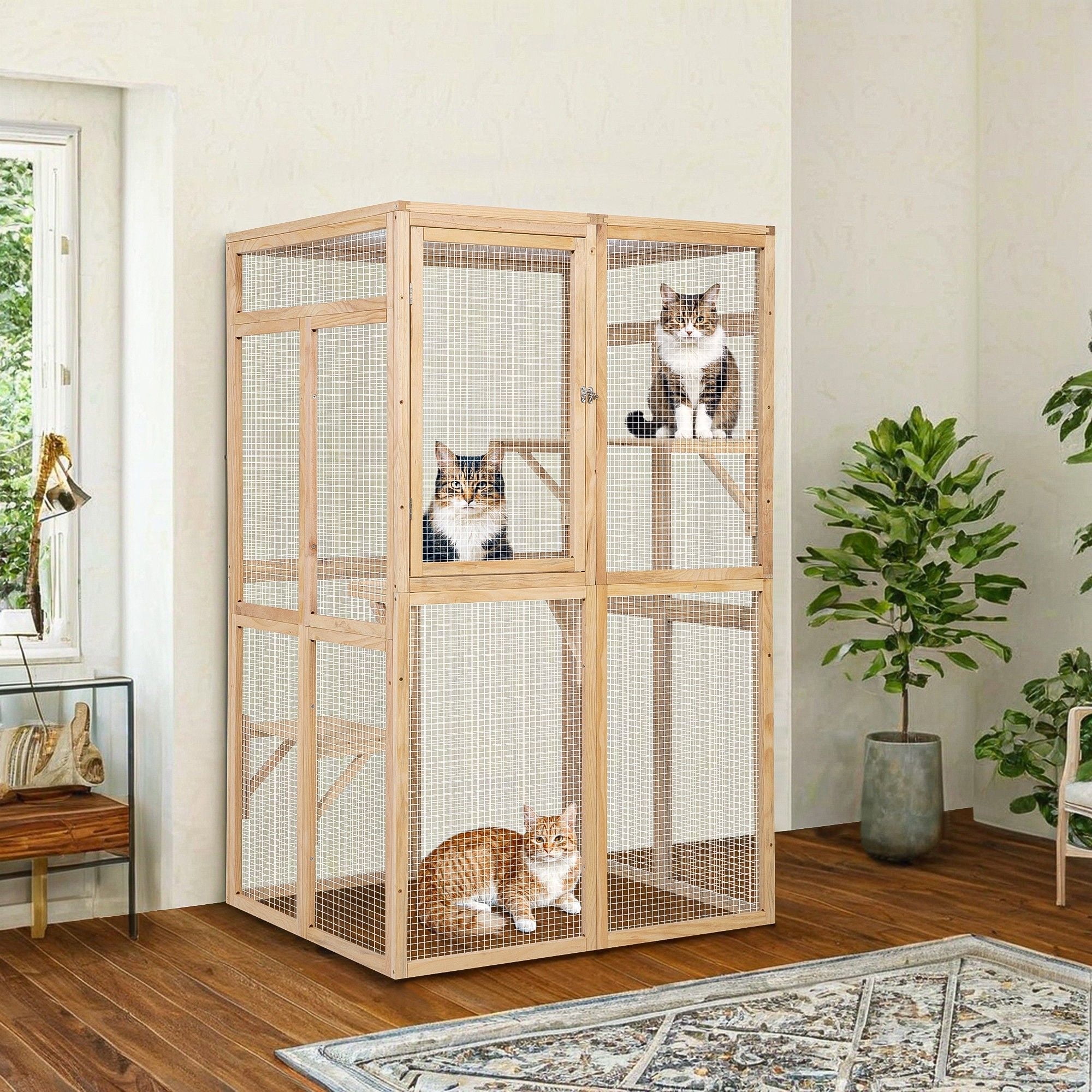Pefilos 64" Cat House Outdoor Catio Cat Enclosures Wooden Kitty House with Platforms, Waterproof Roof, Hammock, Beige
