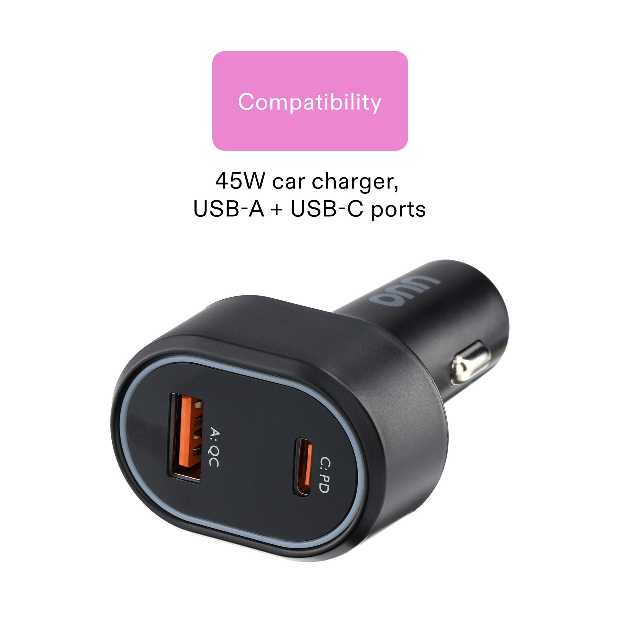 onn Dual Port Fast Charger USB-C/USB Car Charger