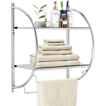 Wall Mount 2 Tier Bathroom Shelf with Bars, 18" W X 10" D X 22" H, Chrome Bathroom Shelf, Home Toilet Double Layer Shelf, Rustproof Chrome Shelf