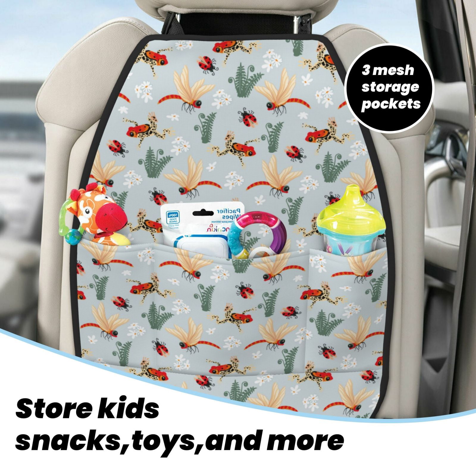 Xecao Ragonfly And Ladybug Pattern Car Seat Back Protector 2 Pack Large Capacity Pocket, Kick Mats Back Seat Protector