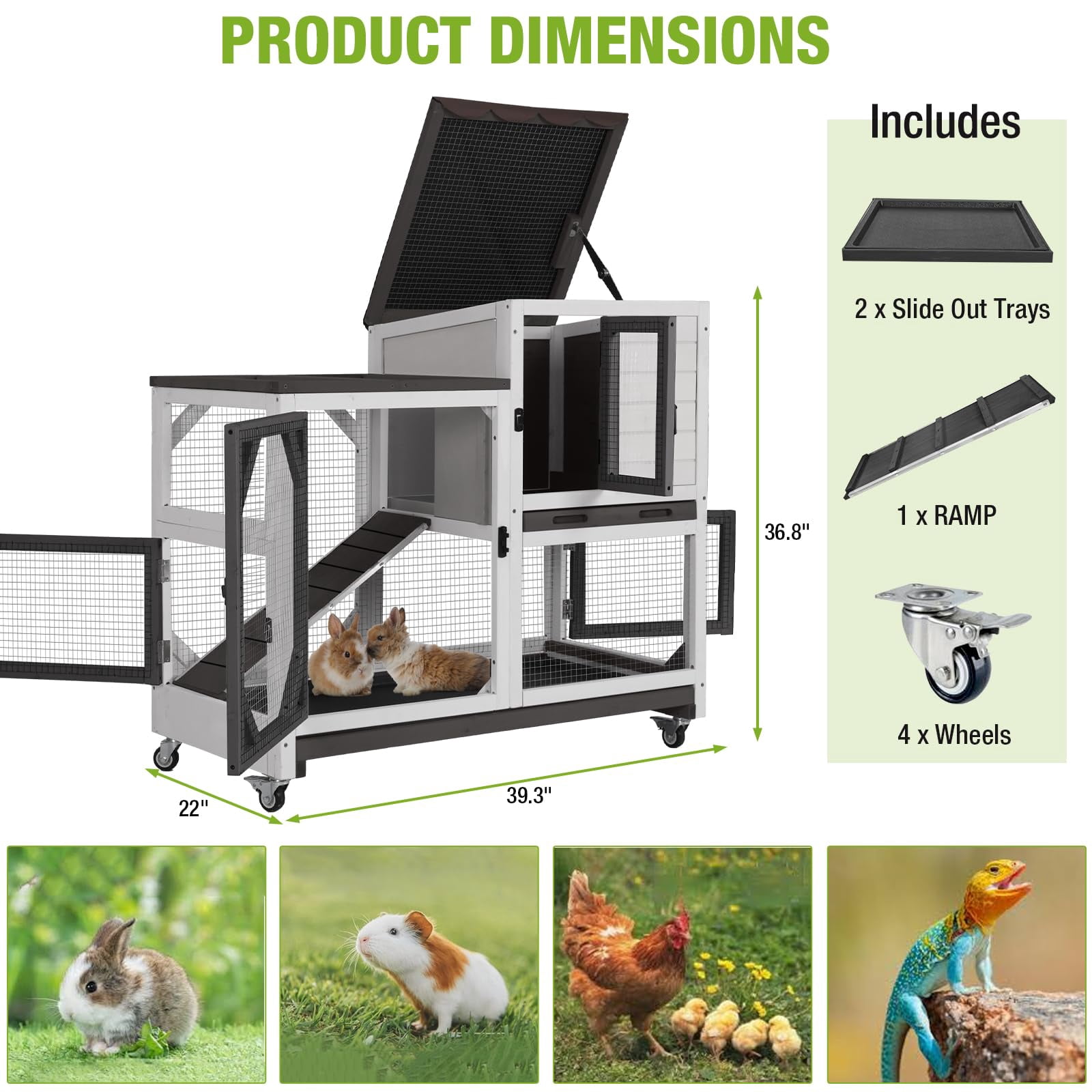Aivituvin 2-Story Rabbit Hutch with Wheels, Indoor Outdoor Rabbit Cage with Ramp & Leak-Proof Trays for Rabbits, Guinea Pigs, Black&White