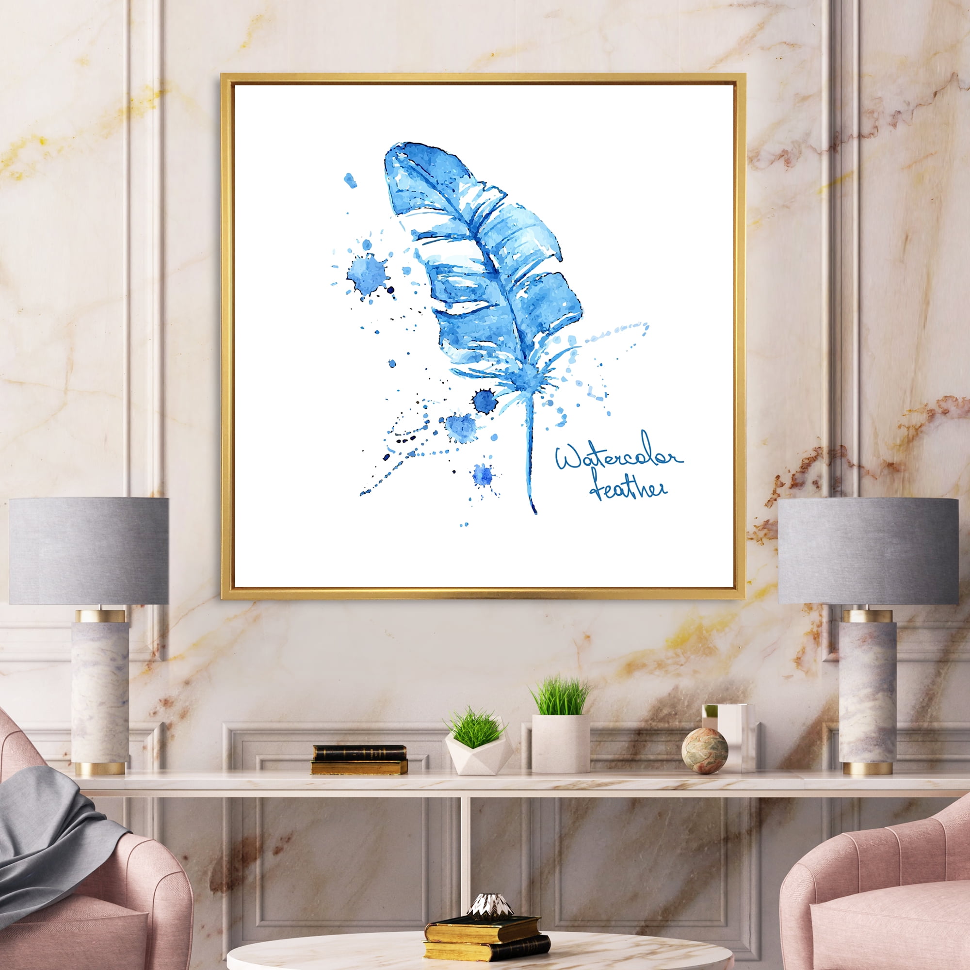 Designart 'Ethnic Blue Feather On White' Bohemian & Eclectic Framed Canvas Wall Art Print