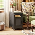 thumbnail image 2 of Narrow Night Stand Set of 2 with Charging Station and Rattan Cabinet for Small Spaces, Black, 2 of 8