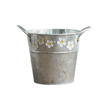BMYJ Galvanized Bucket Flower Pot, Rustic Small Galvanized Bucket Flower Pot with Handle, Round Metal Tin Bucket Vintage Daisy Embossed Planter Pot for Balconies Gardens