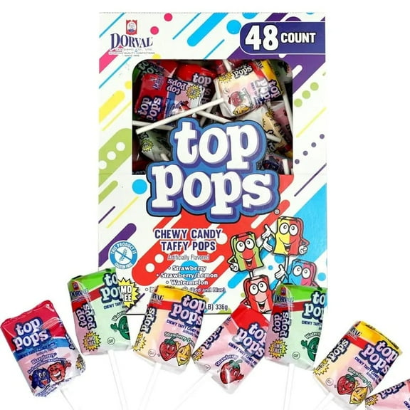 Top Pops Taffy Pops, 48-Pack – 4 Delicious Assorted Fruit Flavor Lollipops Candy